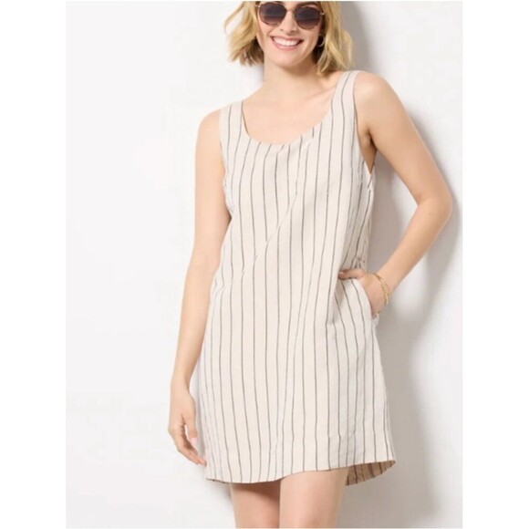 Evereve Dresses & Skirts - NWT Evereve Leah Linen Mini Shift Dress in Oatmeal Black Stripe Size Large